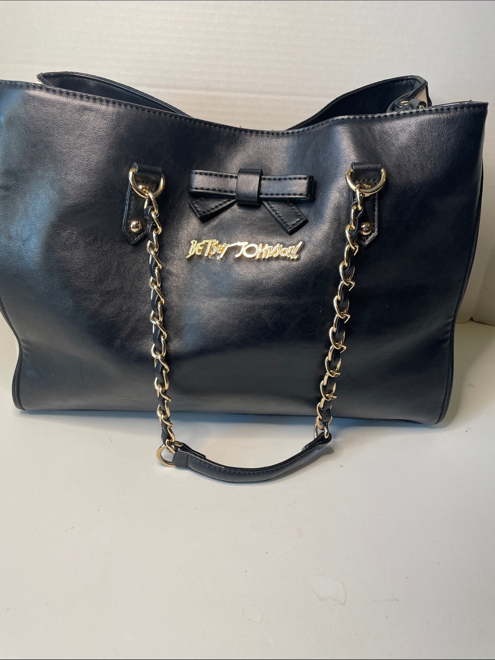 Betsey Johnson Black Tote with Gold Chain Handles and Bow Accent
